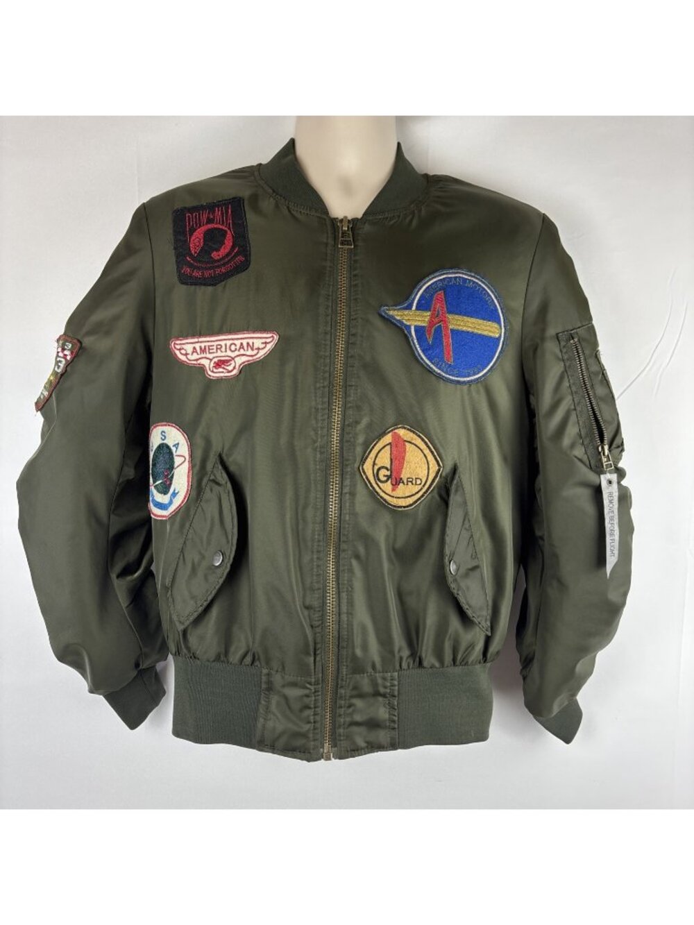 American Stitch Men's White Aviator Bomber Flight Jacket SM Army Patches F3 USA